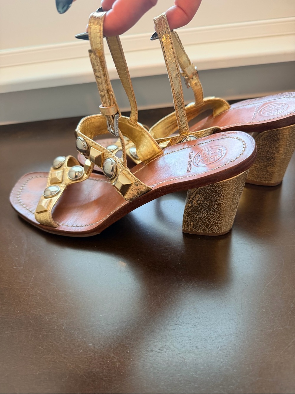 Tory Burch Gold Leather Studded T-Strap Slingback Sandals - Picture 3 of 8
